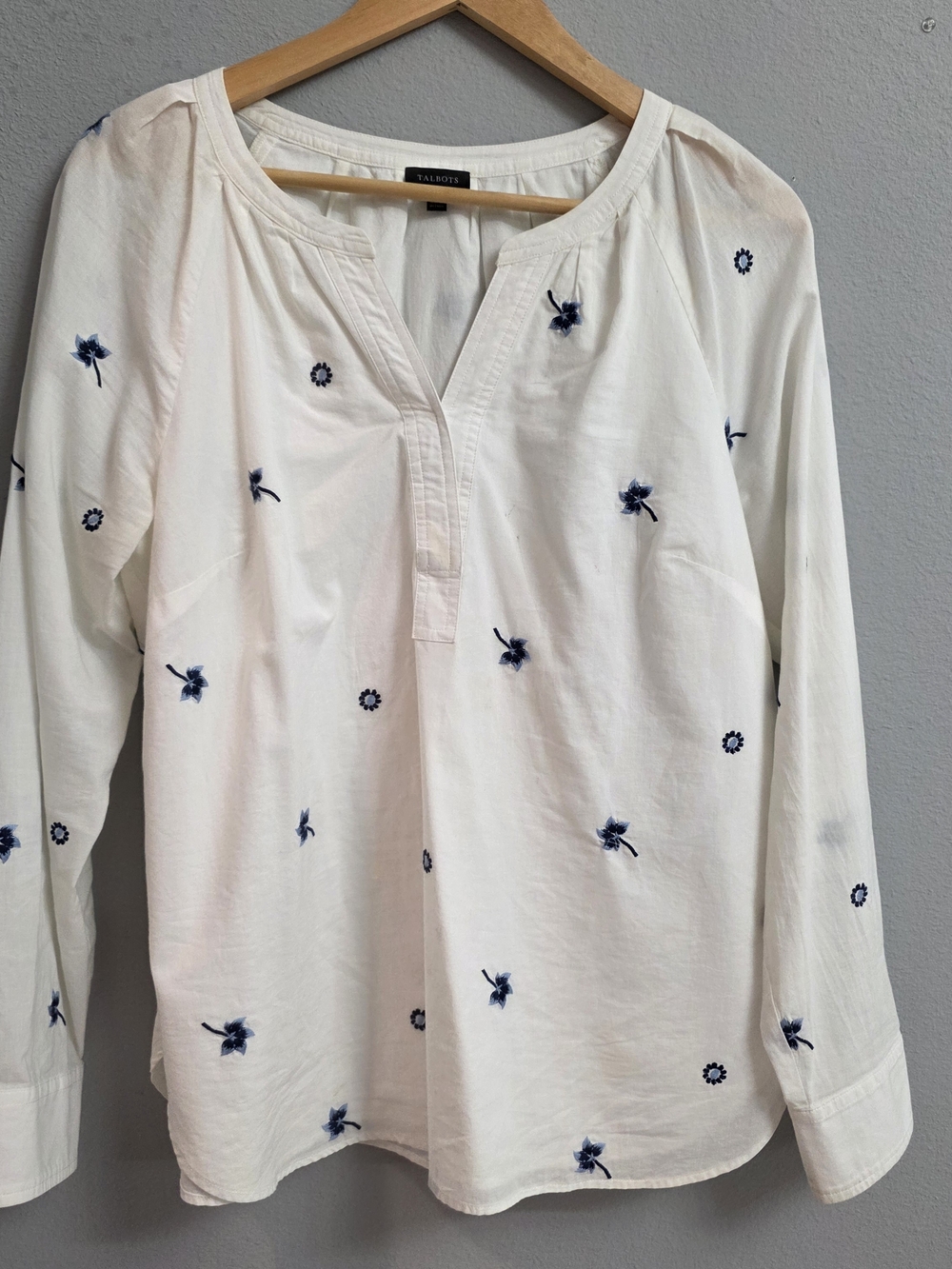 Talbots White Peasant Blouse with Navy Floral Embroidery
